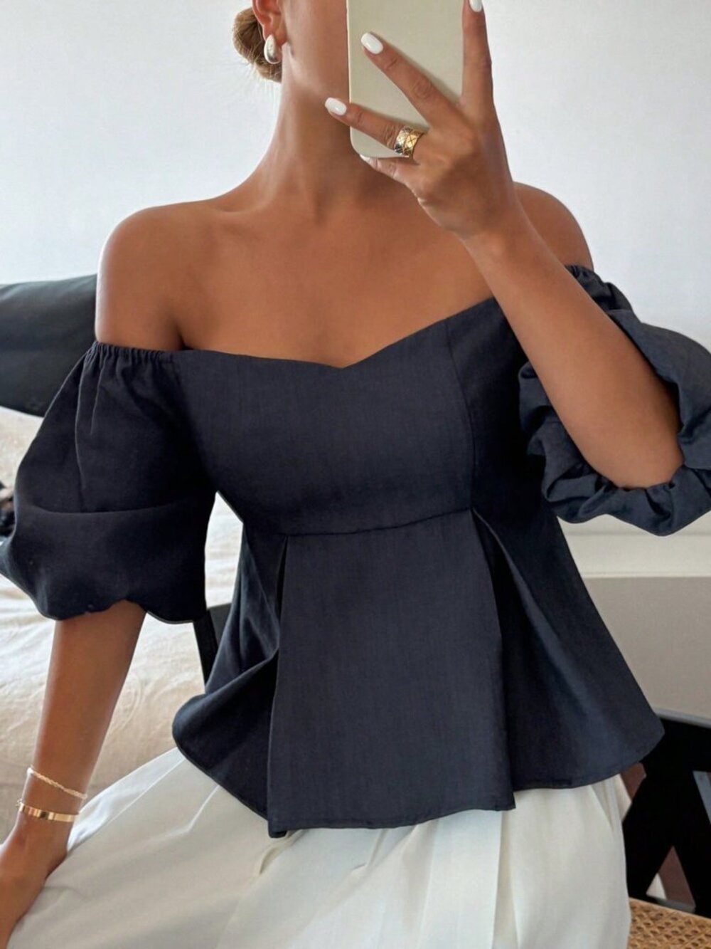 Navy Blue Casual Women's Denim-Effect Puff Sleeve Off-Shoulder Pullover Top - Picture 6 of 8